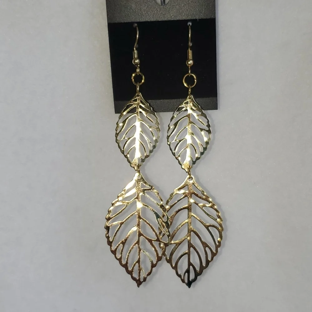 Womens gold leaf dangle earrings